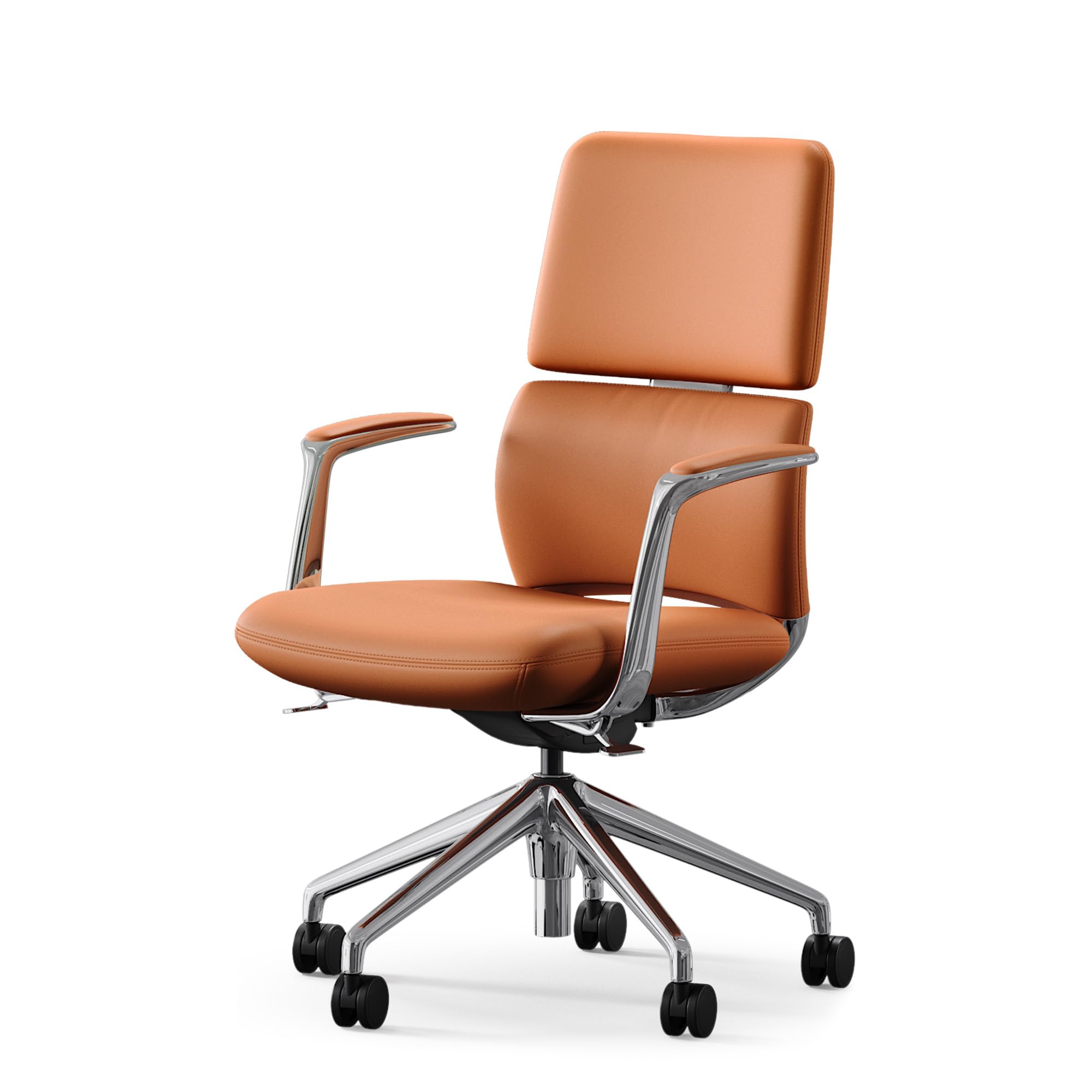 TOMU Genuine Leather Office Desk Chair with Wheels, Ergonomic Leather Executive Chair, Mid Back, Swivel Base with Adjustable Tilt, Modern Style, Luxury Aluminum Frame (Orange)