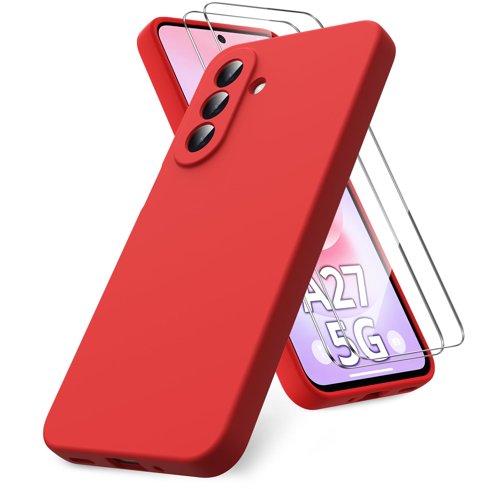 Vansdon Cover Compatibile con Samsung Galaxy A27 5G, 2 Pellicola Protettiva in Vetro Temperato, Gomma Gel di Silicone Liquida Antiurto Custodia - Rosso