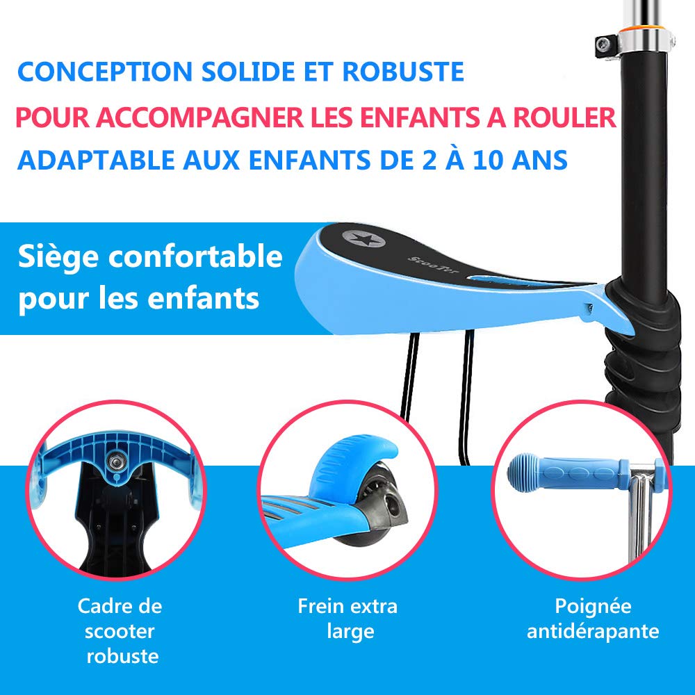 YOLEO Trottinette avec Siège 5 en 1, 3 Roues Plateau Antidérapant LED, Patinette réglable en Hauteur Classiques, Idéal Cadeau pour Enfants 2 a 6 Ans