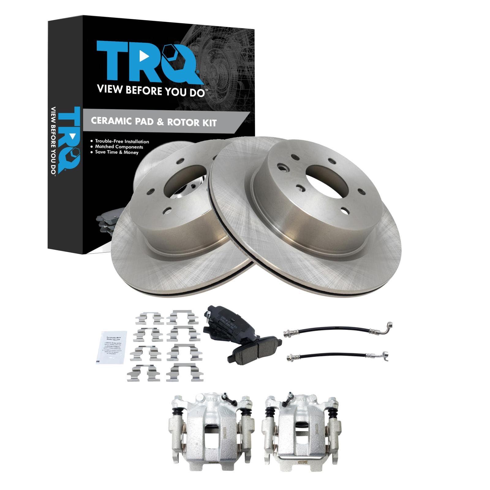 TRQ Rear Brake Pad and Rotor Set Ceramic Rotors Calipers Compatible with 2011-2012 Infiniti G25 G37 2015 Q40 2010-2015 Nissan 370Z
