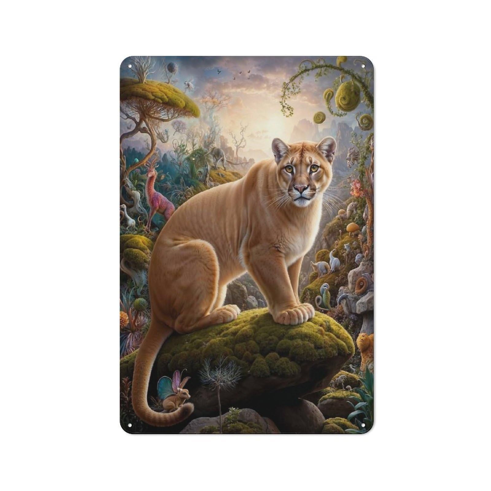 Junmoney Mystical Mountain Lion Tin Wall Plaque 30X20cm With For Pub Or Café, A Decorative Christmas Gift For Hospitality Wall Decor Collectors