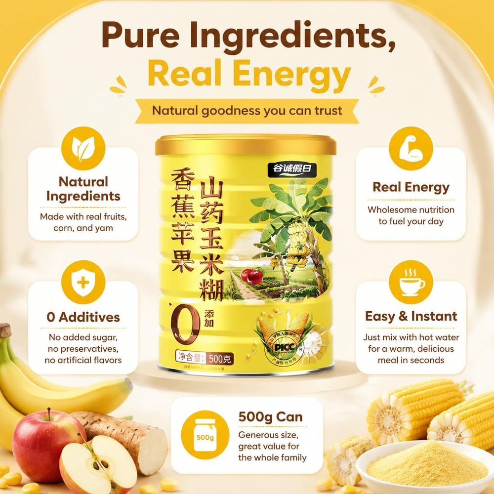 Polvere di mais istantanea con banane e mele, 500 g | Cereali caldi istantanei 30s con patate dolci, mais, banane, mele, pezzetti di vera frutta, 500 g.