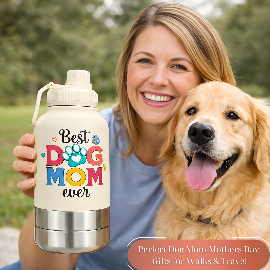 Dog Mom - Borraccia in acciaio inox con ciotole staccabili, per la festa della mamma, per passeggiate ed escursioni