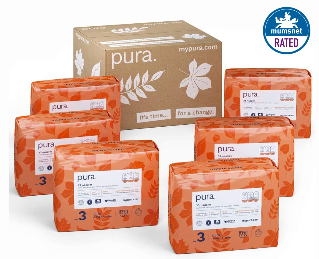 Pura Pannolini Ecologici, Taglia 3 (Midi 4-9kg), 198 Pannolini (6 Confezioni da 33), Scatola Mensile, Certificati EU Ecolabel, Cotone Biologico, Senza Profumo, Protezione Dalle Perdite per 12 Ore