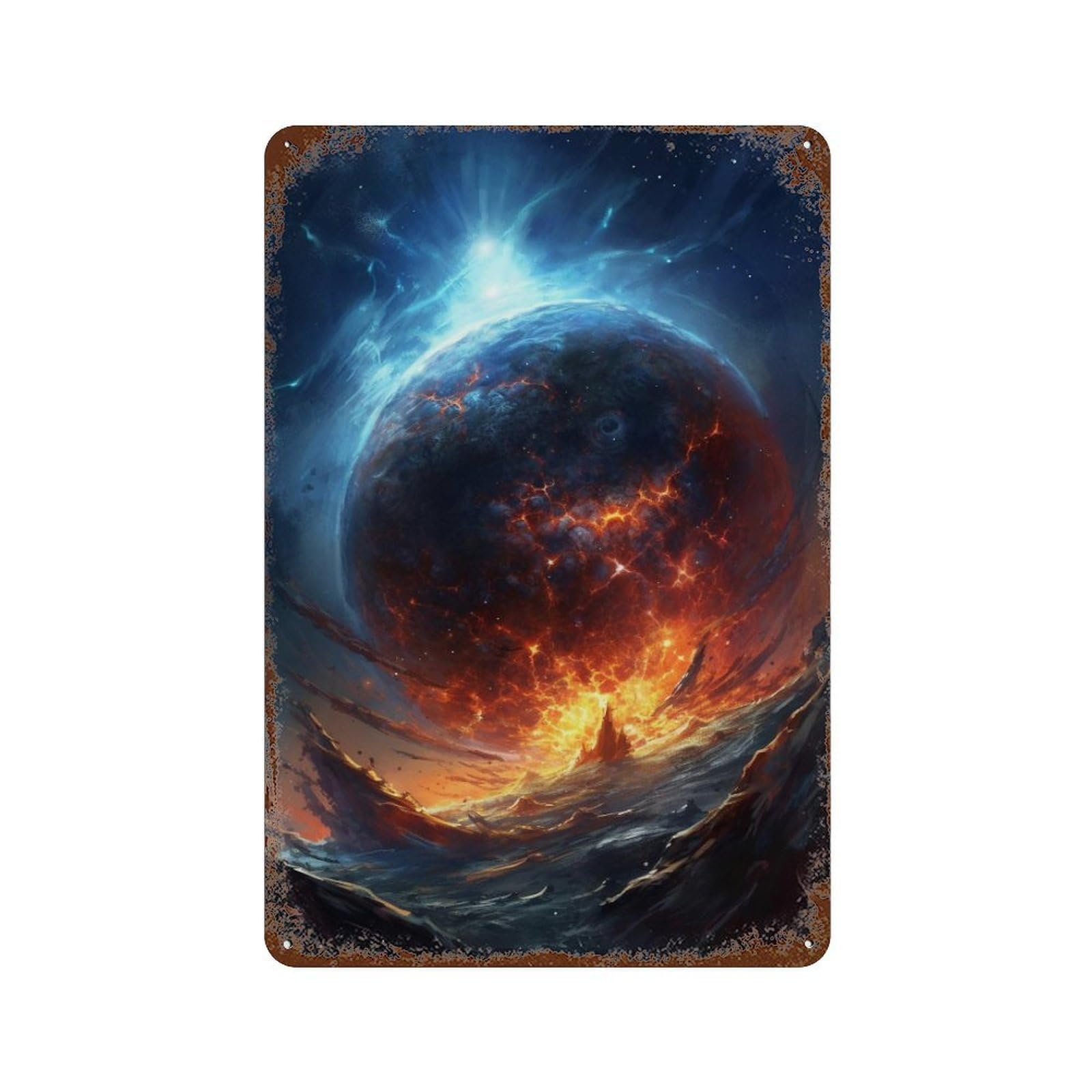 Galactic Planet Exploding Rust Effect Tin Sign 11.8"x7.9", Decorative Metal Wall Art for Living Room, Hallway And Home Decor