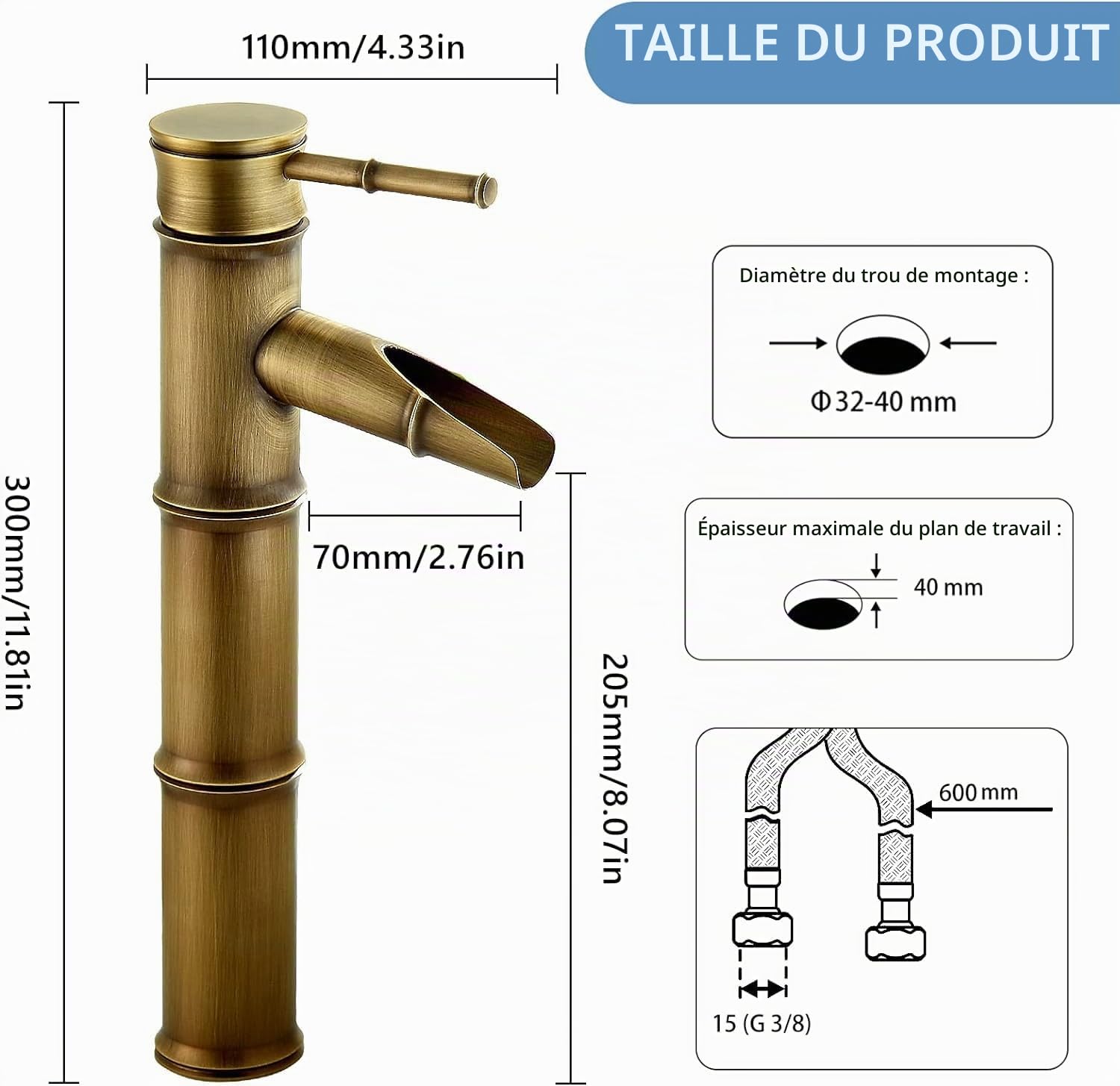 Namuoto Robinet Salle Bain Bambou Haut, Mitigeur Cascade Lavabo Robinet de Lavabo Mitigeur, Robinetterie Monotrou Eau chaude et froide Disponible, 3 Joints Break Mouth