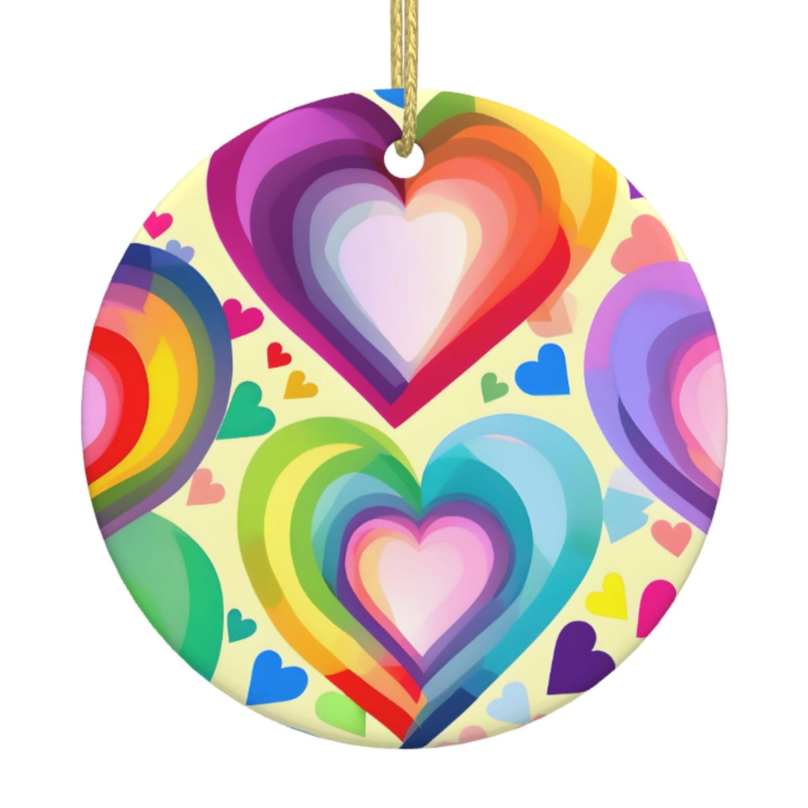 Hearts In Rainbow Colors Print Christmas Ornaments, Ceramic Hanging Ornament, Round Shape Decorations