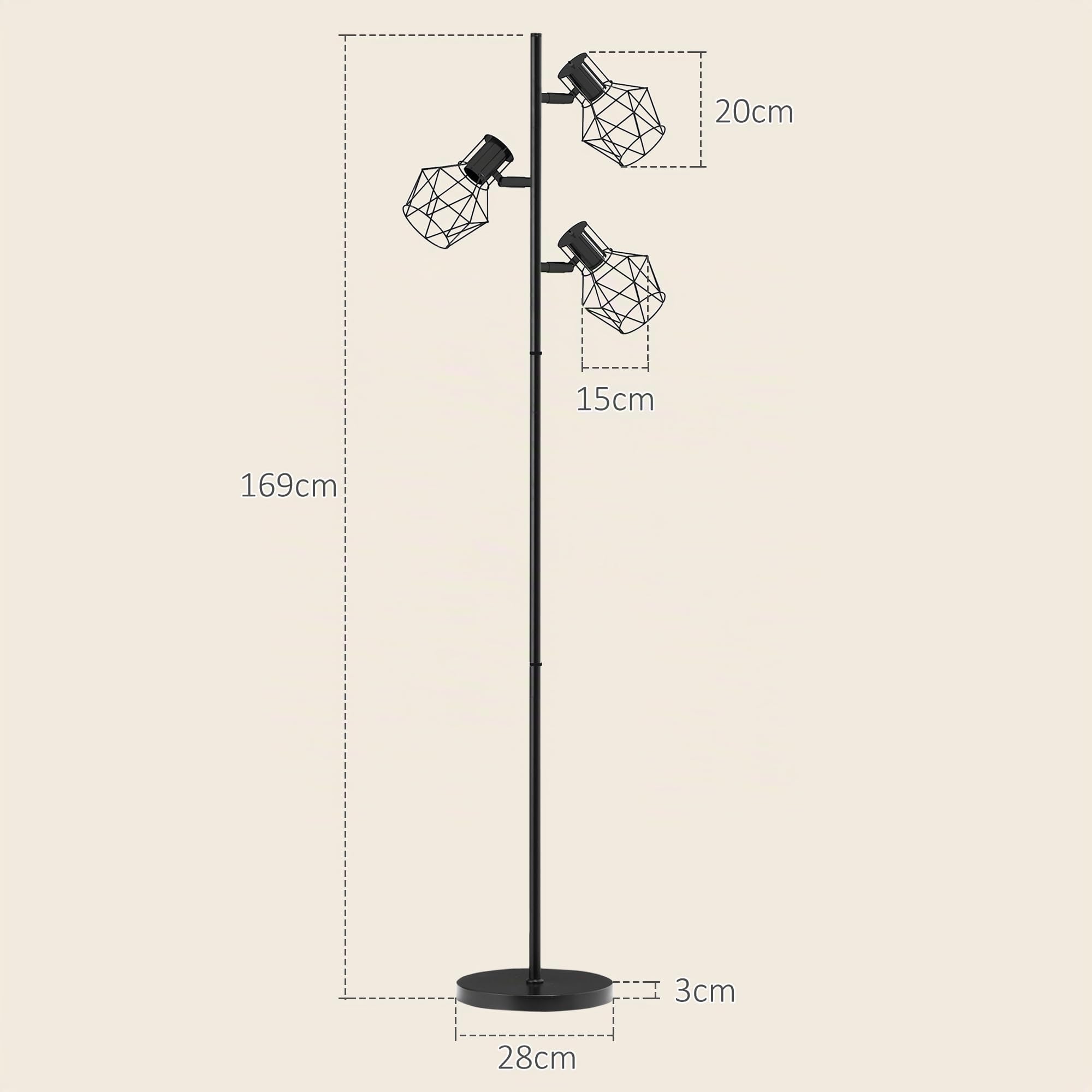 HOMCOM Lampada da Terra 3 Luci Regolabili in Metallo 41x28x169 cm Nero