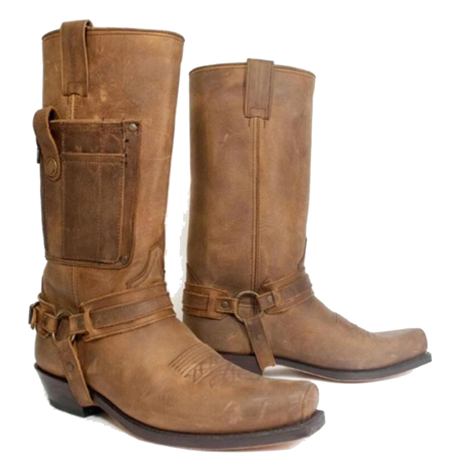 Stivali da Cowboy Occidentali Stivali da Uomo Punta Quadrata PU Stivali in Pelle Vintage Steampunk Scarpe da Cavaliere Tacco Basso Mid Tube Rider Cavallo Stivali da Moto per Cos,Marrone,47