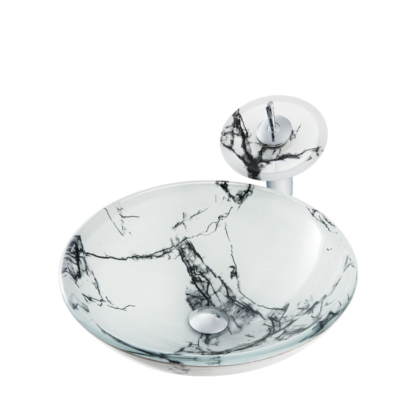 Gljtuo Waterfall Faucet Combo Round Countertop Sink Bowl Tempered Glass Vanity Sink Bowl On The Top Marble Texture Vessel Bowl Sink With Drain Combo