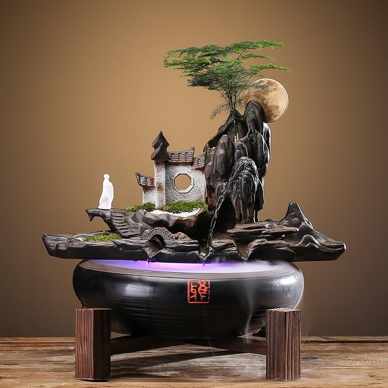 Fuentes de Agua de Interior Adornos de agua que fluyen, estilo chino, cerámica, decoración del hogar, humidificador, sala de estar, oficina, fuente de escritorio con rueda de Feng Shui Fuente de Mesa