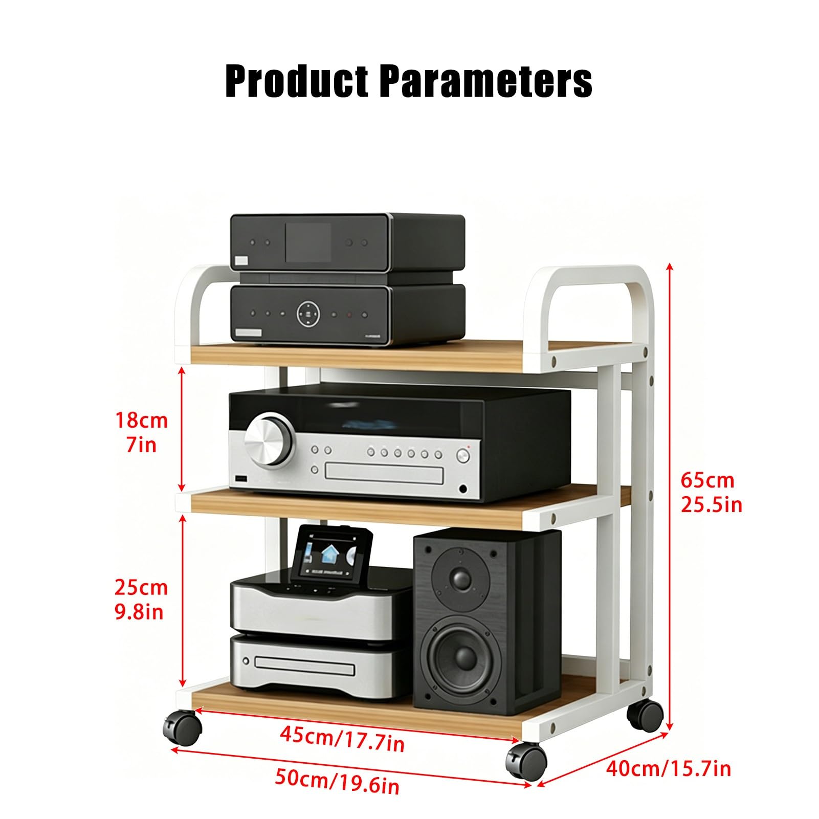 Nowoczesny Stojak Stereo z Kółkami Konstrukcja Stojaka na Media Audio Wideo na Media AV Wieża na Gramofon Drewniana Szafka Stereo Wieża(Brown,3 tier 65cm/25.5in)