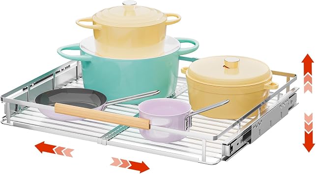 Expandable Pull Out Cabinet Organizer, 17.1"-28.1" W x 22.5" D | 1Pack, Stainless Steel Slide Out Drawers, Heavy Duty Drawer Slides, For Kitchen Pantry Cupboard Pots Pans, Adjustable Width