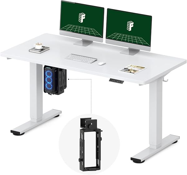 FLEXISPOT EN2 55''x28'' Electric Standing Desk with PC Stand Bundle, 1" Whole-Piece Desktop, Easy-to-Install Hanging Design PC Mount, Bundle for Home Office, Game & Small Spaces, White