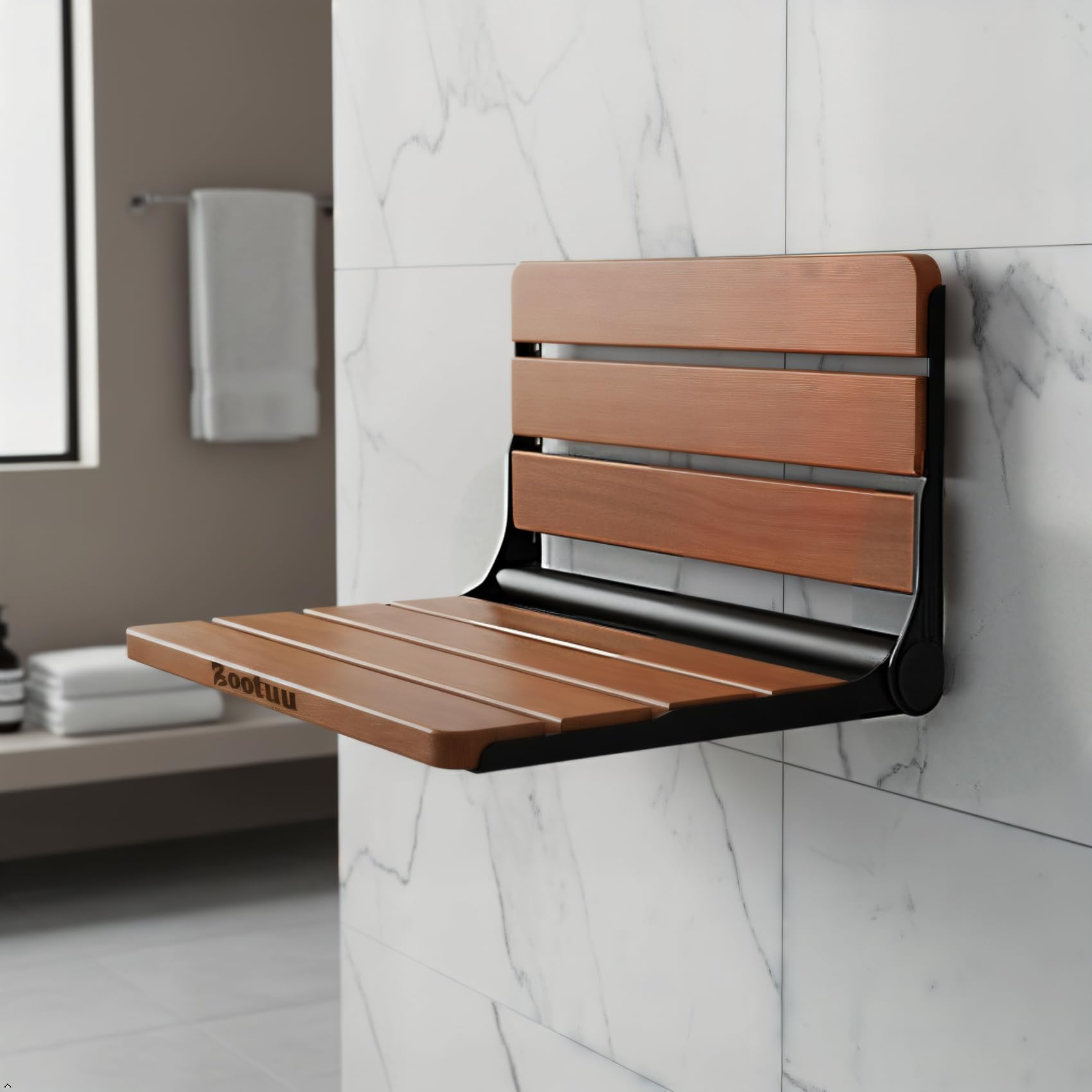 Asiento de ducha plegable de teca de 18 pulgadas, montado en la pared, acero inoxidable | Asientos de ducha Cuidado cuidadoso para tu familia