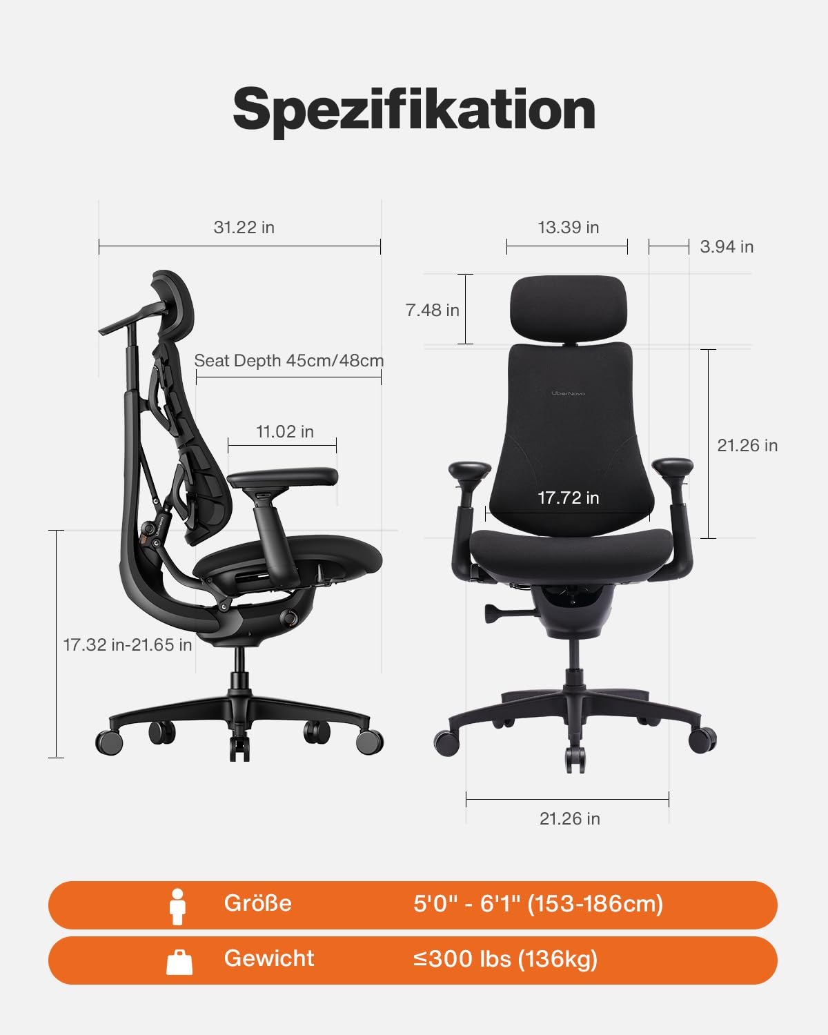 LiberNovo SE Ergonomischer Bürostuhl, Schreibtischstuhl mit manueller Lendenwirbelstütze, 5 Neigungspositionen, Computerstuhl für langes Sitzen, für Homeoffice, Büro und Gaming, Obsidian 48cm