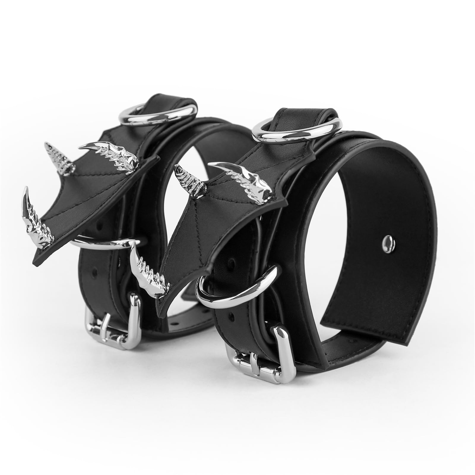 Verstellbar Leder Handschellen Flügelform Handfesseln mit Niete Flirt Handcuffs BDSM Bondage Handgelenk Manschetten Fetisch Slave Rollenspiel Kostüm Zubehör Sexspielzeug für Paare,Silber