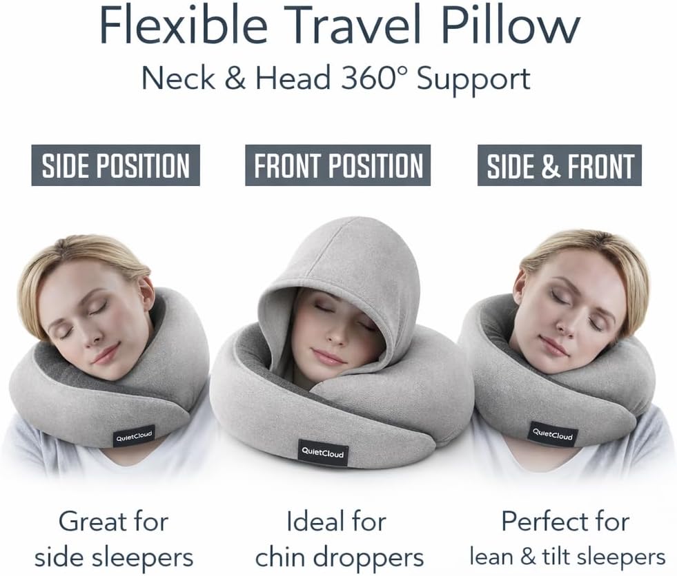 Travel Neck Pillow Hooded Memory Foam 360° Head & Chin Support, Lightweight Breathable Adjustable Fit Travel Neck Pillow with Eye Mask, Earplugs & Carry Bag for Airplanes, Car, Bus, Train & Long Trips