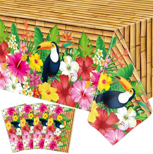 Paquete de 4 manteles hawaianos Luau con hojas de palma tropicales, mantel hawaiano Luau, mantel de hojas de palma, mantel de fiesta de cumpleaños, piscina, decoración de fiesta tropical, 86 x 51