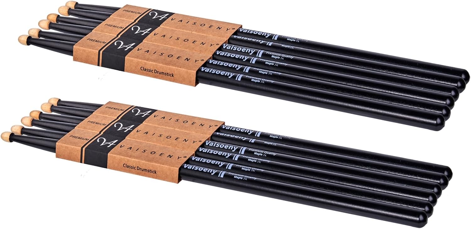 Drum Sticks Lacquered 7A Drum Sticks 6 Pairs of Drumsticks for Children and Adults Professional Musical Instrument Percussion Accessories Black