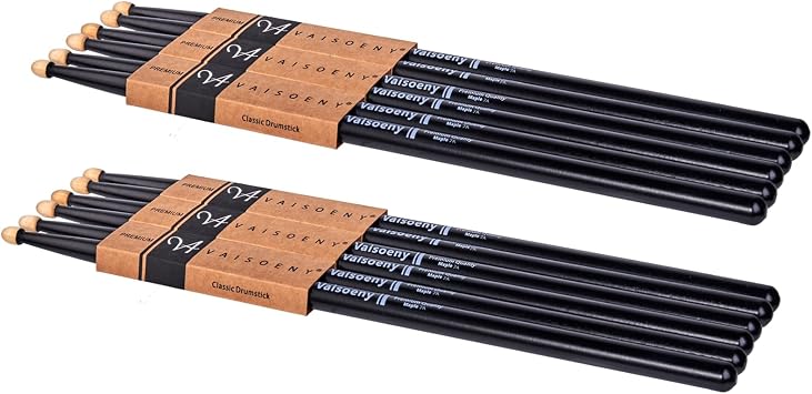 Drum Sticks 7A, 6 Pairs Lacquered Maple Wood Drum Sticks Black