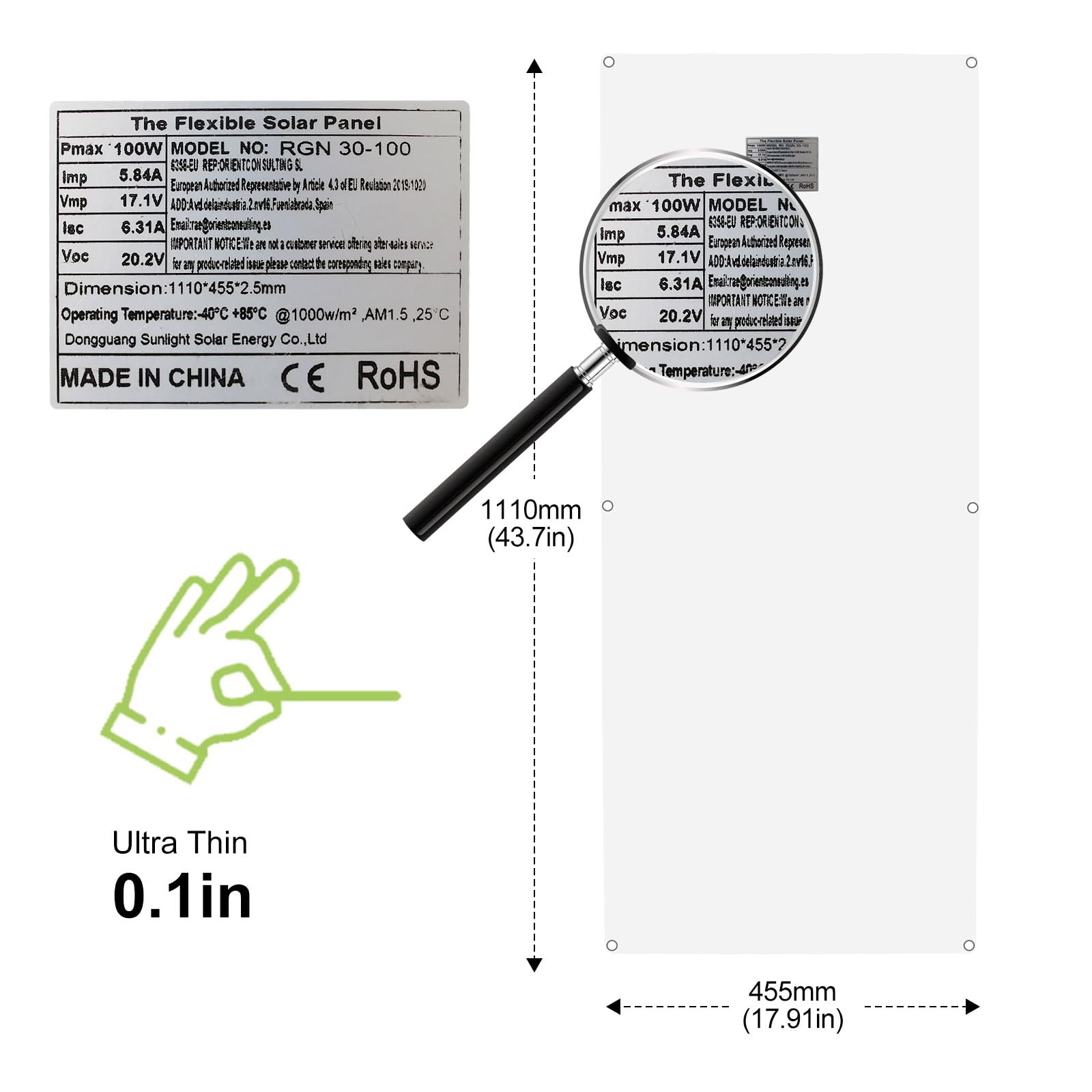 Pannello solare monocristallino flessibile da 100 W, 12 V, ultra leggero, ultra sottile, impermeabile, per camper, roulotte, barche e superfici irregolari (100 W)