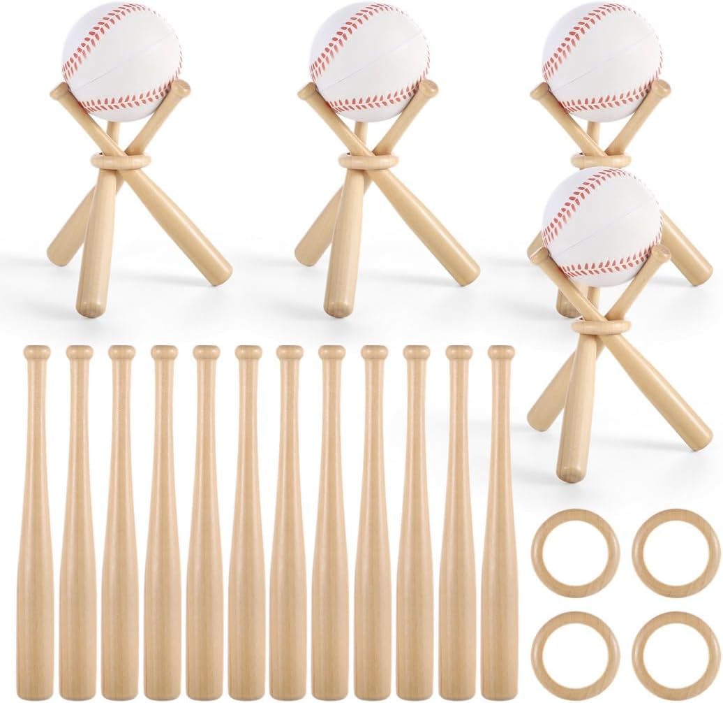 4 Pack Mini Wooden Bat Display Stands With 12 Mini Baseball Bats & 4 Rings, Cute Softball Bat Holders For Home Run & Game Balls