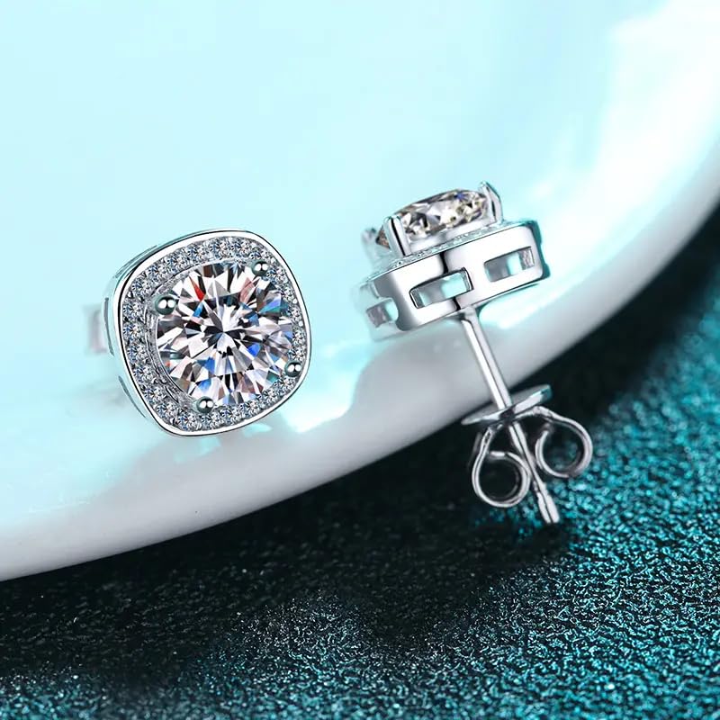 Image of 1-2 ct /pair Starlight Squared Halo Bliss Solitaire Studs Moissanite Earrings for Women and Men; Sterling Silver; GRA Certified; D VVS1