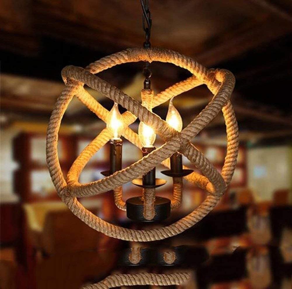 BLOOHK Industrial Hemp Rope Chandelier, 3-Light Orbital Globe Pendant Light, Rustic Farmhouse Hanging Fixture for Dining Room Kitchen Island & Bar
