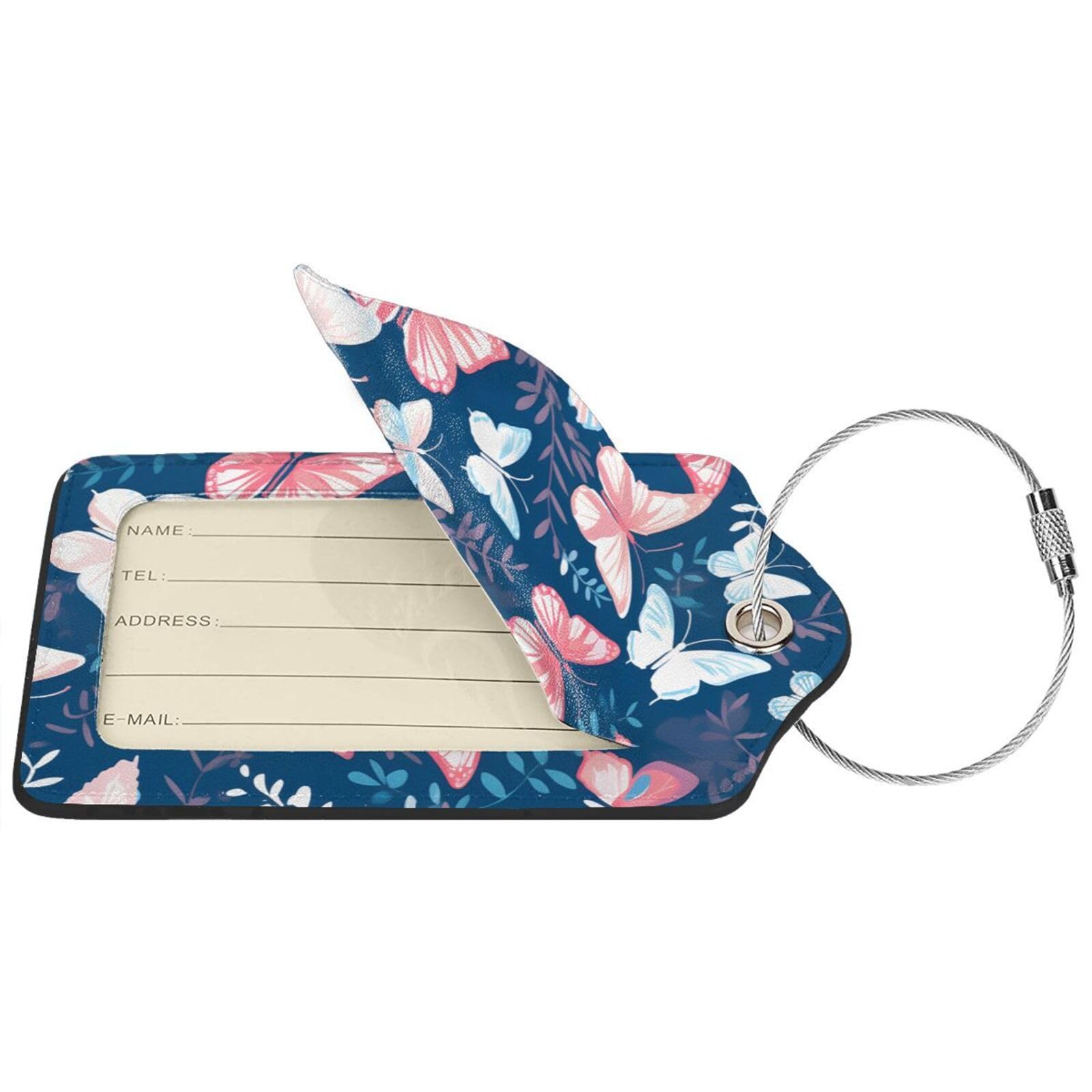 4 etiquetas de equipaje de piel sintética para maleta, diseño de mariposa de ensueño, pintura de tinta rosa y azul, etiqueta de equipaje con lazo de acero inoxidable, cubierta de privacidad, etiqueta