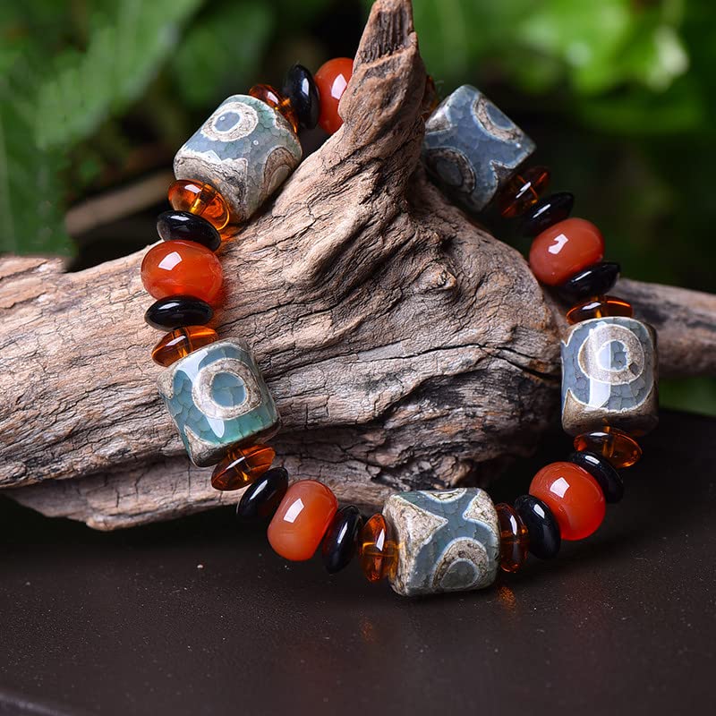 Pulsera Pulsera de cuentas Dzi de estilo tibetano, pulsera de Feng Shui, pulsera de cuentas de ágata natural, pulsera de amuleto, atraer riqueza, dinero y buena suerte, brazalete de pareja, regalo de