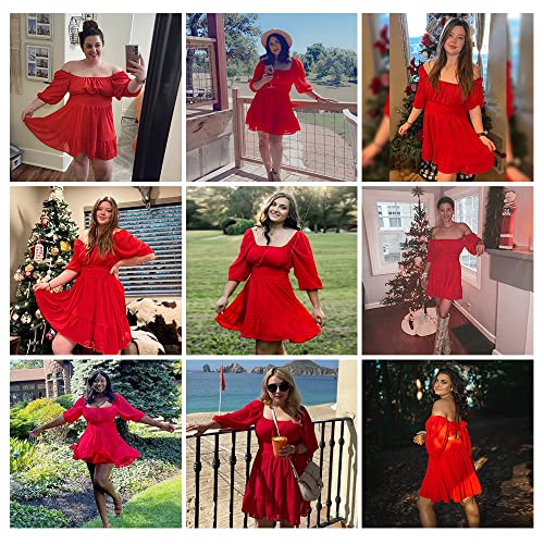 Image of EXLURA Women's Lantern Sleeve Tie Back Summer Dress Ruffled Off Shoulder A-Line Vintage Mini Dress