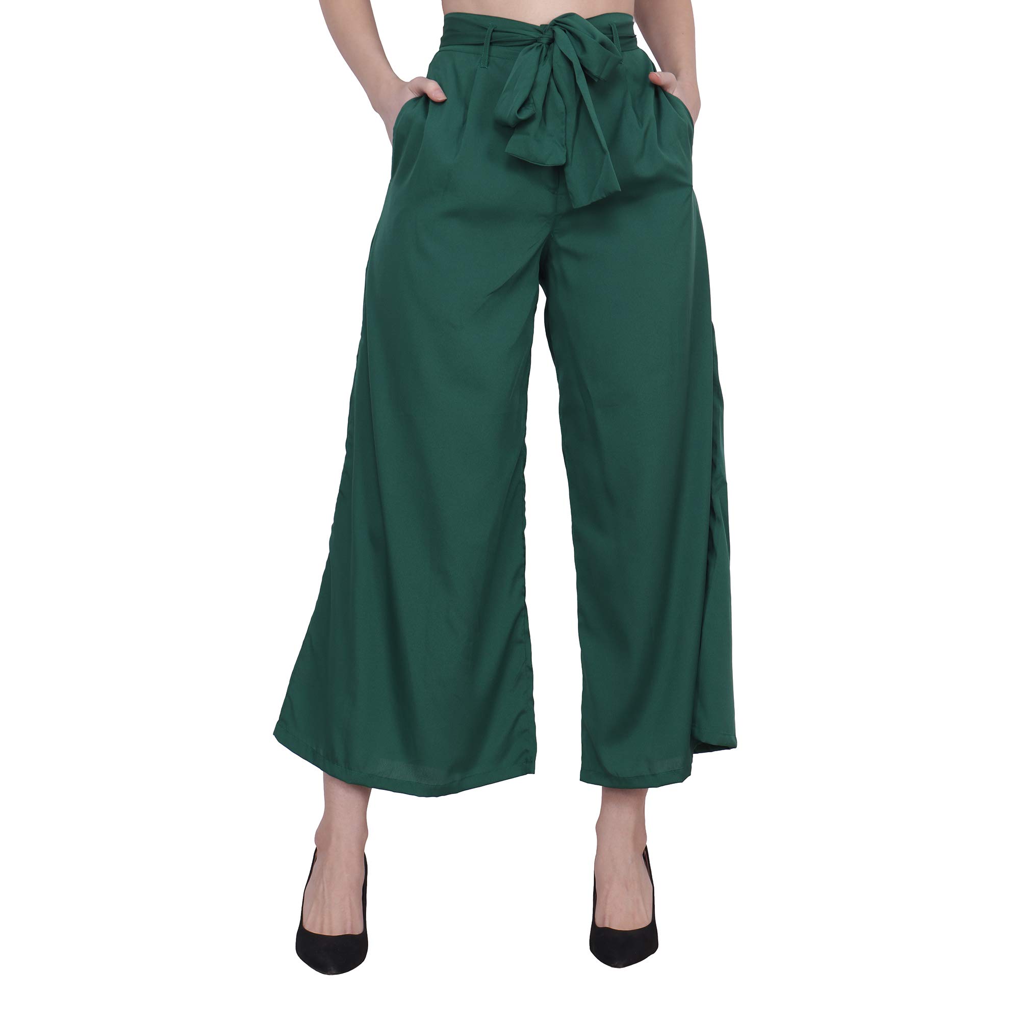 Frempy Women's Western Green Crepe Ankel Length Solid Trouser/Women's Cropped Pajama/Pajama with Belt/Zipper Trouser