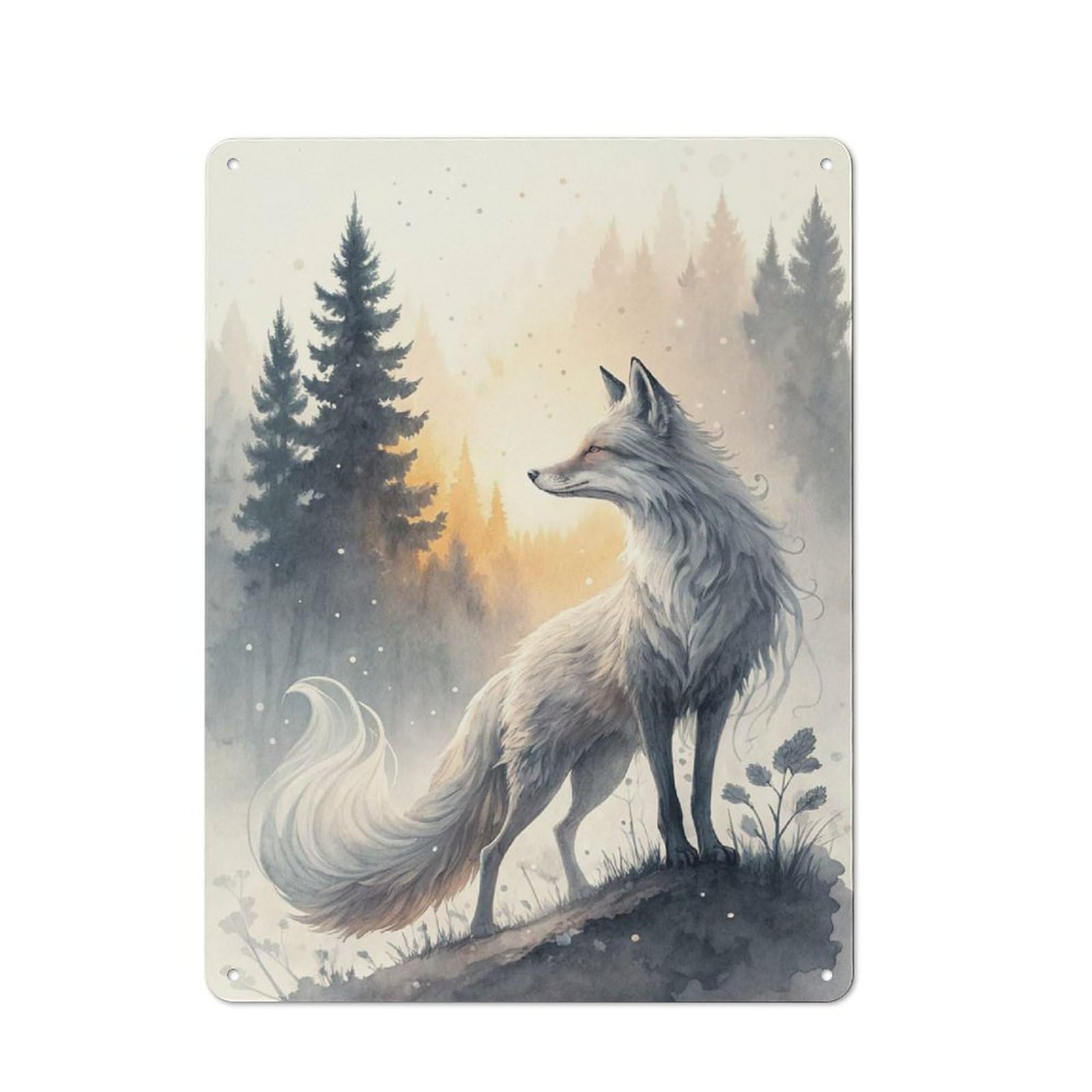 Junmoney Style-11 White Fox In Misty Forest Tin Sign 40X30cm, Modern Vintage Creative Space Decor For Hobby Room, Office, Lounge Or Living Room