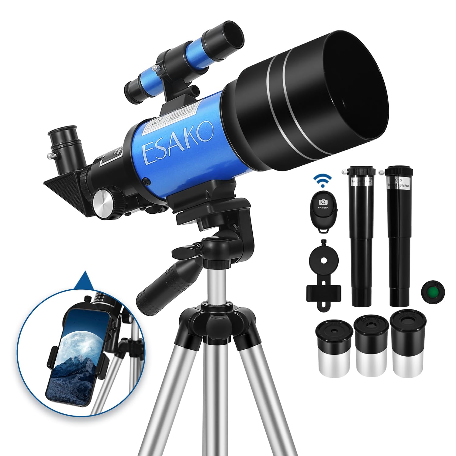ESAKO Telescope for Kids & Beginners, 70mm Aperture Portable Telescopes with 3 Eyepieces, Height Adjustable Tripod & Phone Adapter & Remote Control