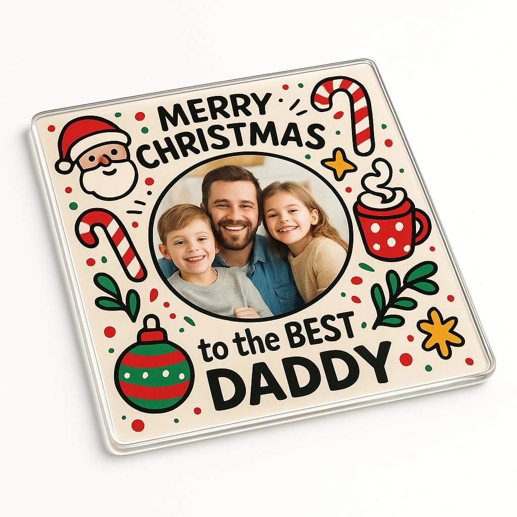 The Plum Penguin Daddy Christmas Joy Personalised Acrylic Coaster With Cheeky Christmas Joy Design - Festive Photo Gift For Daddy's Holiday Table Delight