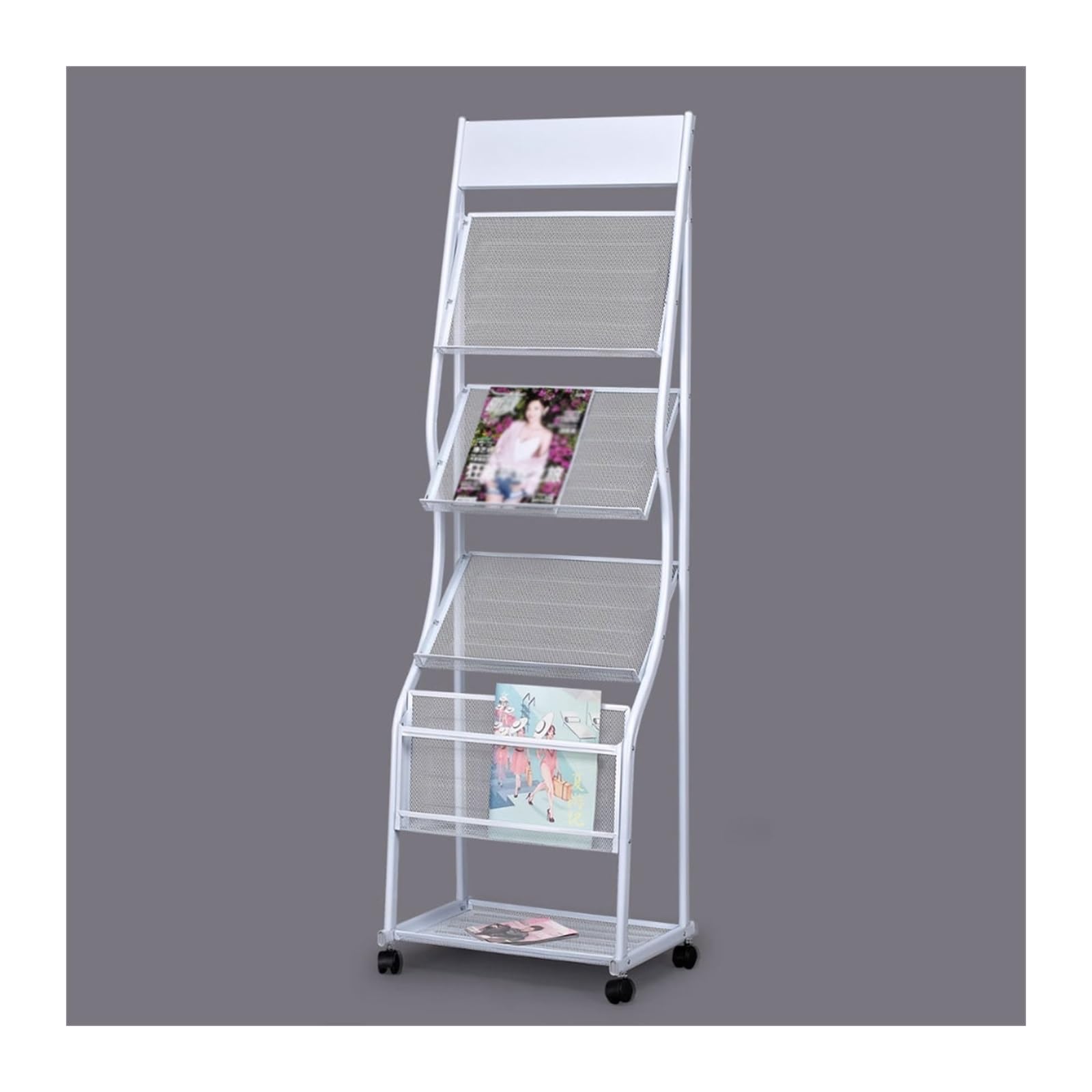 Floorstanding Brochure Holder with Wheels White Magazine Display Stand Portable Literature Rack for Newspapers and Brochures Perfect for Exhibitions and Events