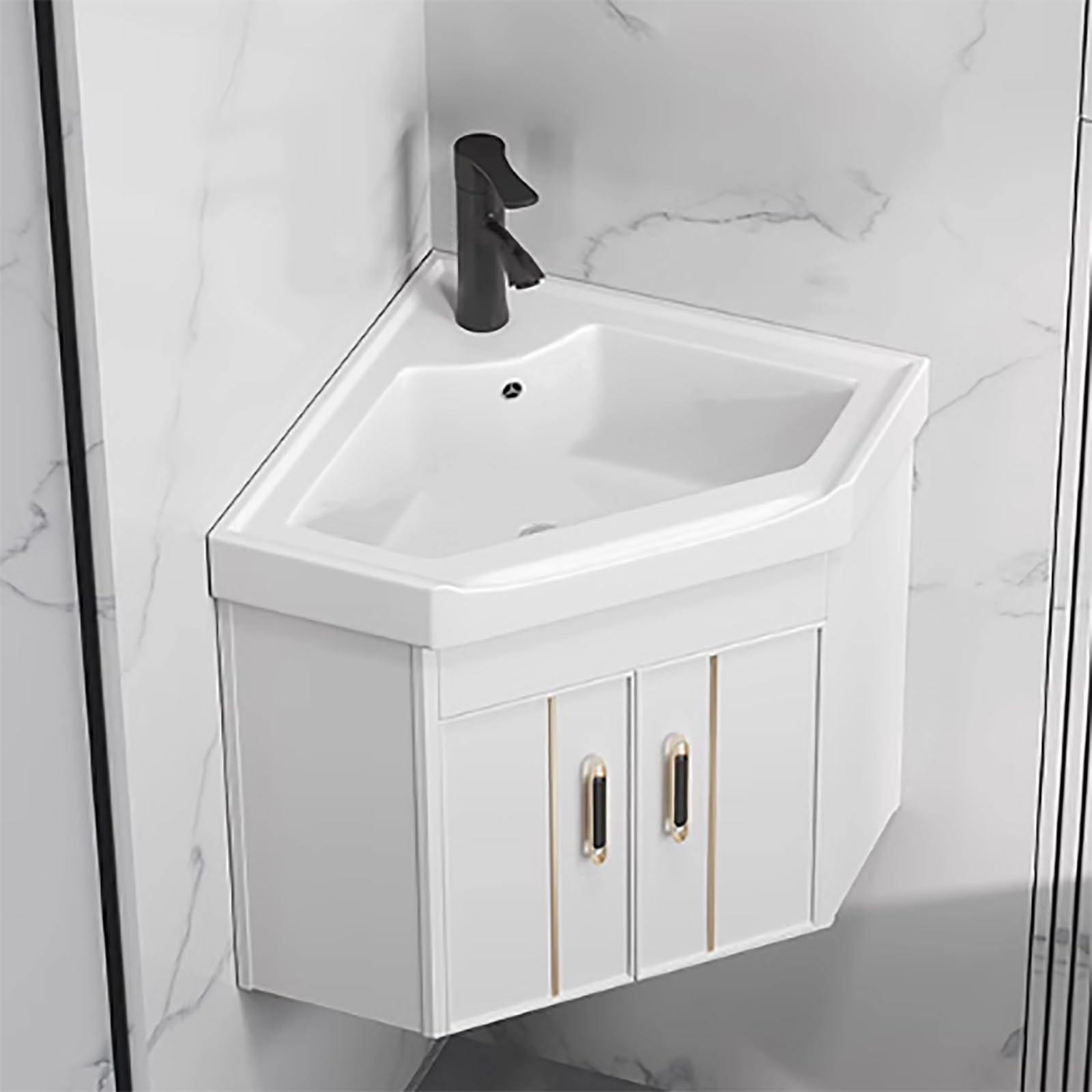 GLJTUO Modern Gray Corner Vanity Sink with Cabinet Heavy Duty Bathroom Storage Scratch and Stain Resistant Porcelain Sink Hot and Cold Faucet 15in,White-48cm/18.9in