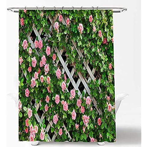 YUESUO Floral and Green Leaf Shower Curtain Polyester Material 3D Backdrop Garden Bathroom Accessories Flowers Fence Scenery Curtains Home Decoration with 12 Hooks (180X180 cm) Cover