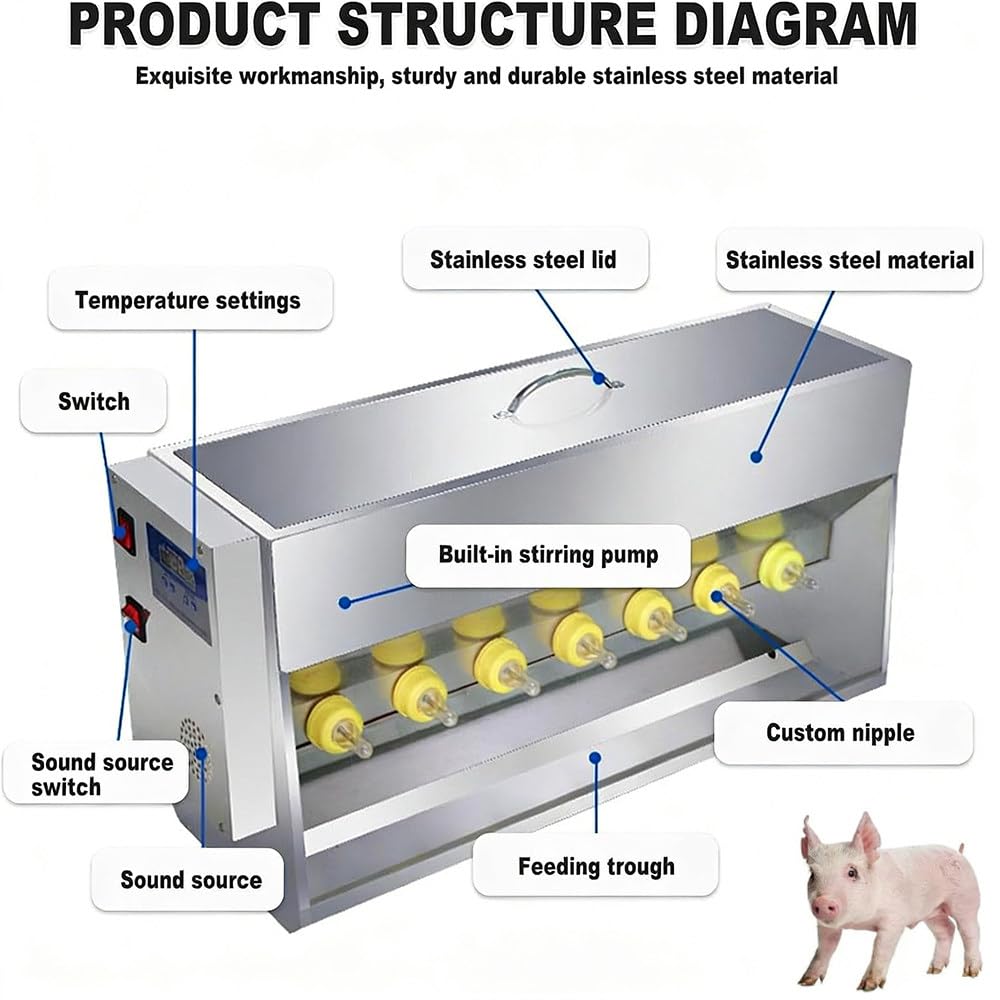Stazione di alimentazione automatica per maialini, bottiglia da 15/20 l con 10/14 capezzoli in silicone, sorgente sonora, temperatura costante e agitazione, ideale per aziende agricole e pascoli