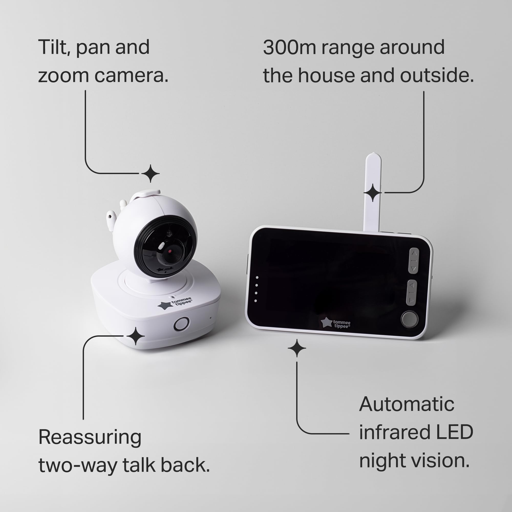 Tommee Tippee Dreamee Moniteur vidéo et sonore pour bébé avec caméra, Vision Nocturne, écran 4,3", Audio bidirectionnel, crycapteur, portée de 300 m