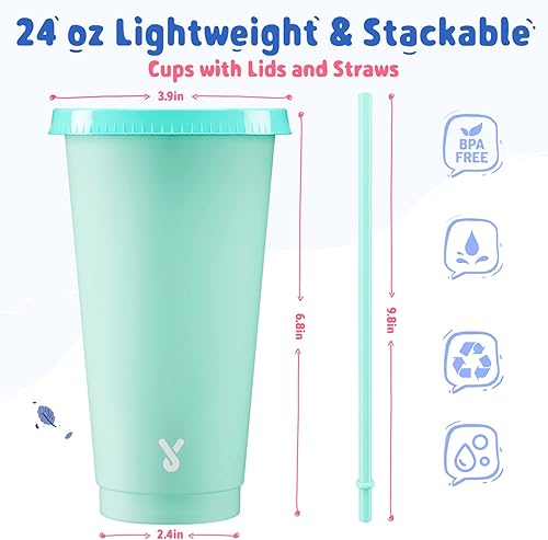 Miniatura 10 de Meoky Paquete de 12 vasos de plástico con tapas y pajitas reutilizables de 24 onzas que cambian de color para adultos y niños vasos de café frío