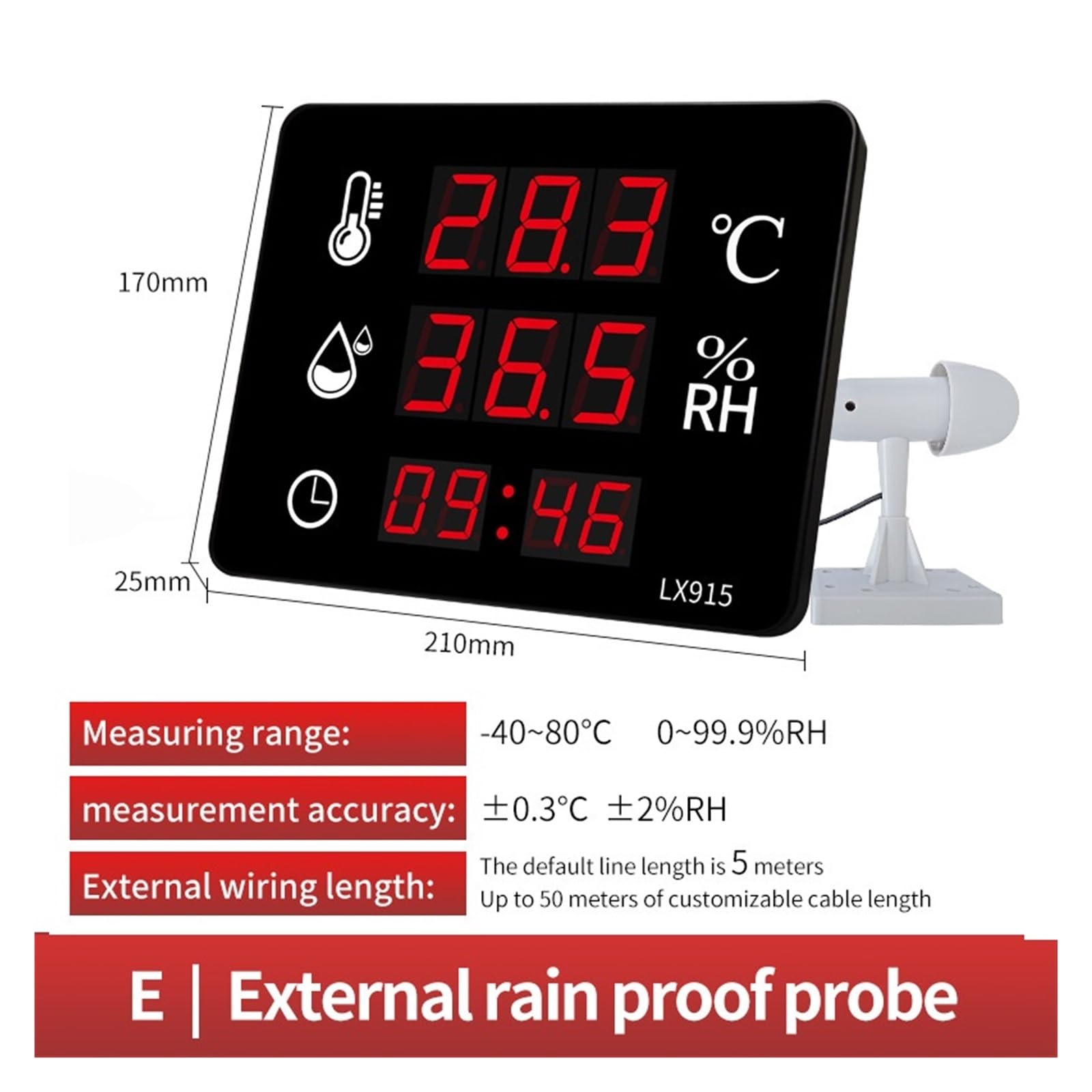 ThermomèTre De Piscine Hygromètre Numérique, Thermomètre Et Alarme for Sauna Intérieur Et Extérieur, Horloge Murale Numérique, Thermomètre Et Capteur Facile à Utiliser(LX915E)