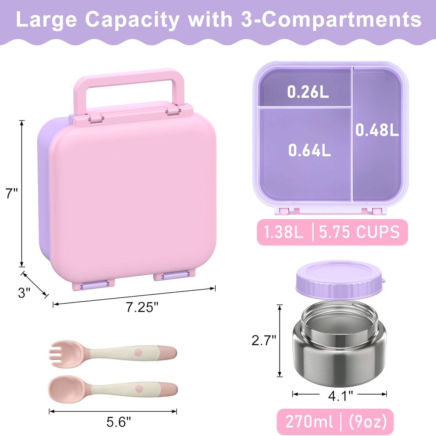 Bento Box for Kids with Soup Thermos(9oz)– Kid Bento Lunch Box with Leak Proof Insulated Food Jar, Hot & Cold Lunch Container Set for School Girls Boys, 4-Compartments, Pink/Purple