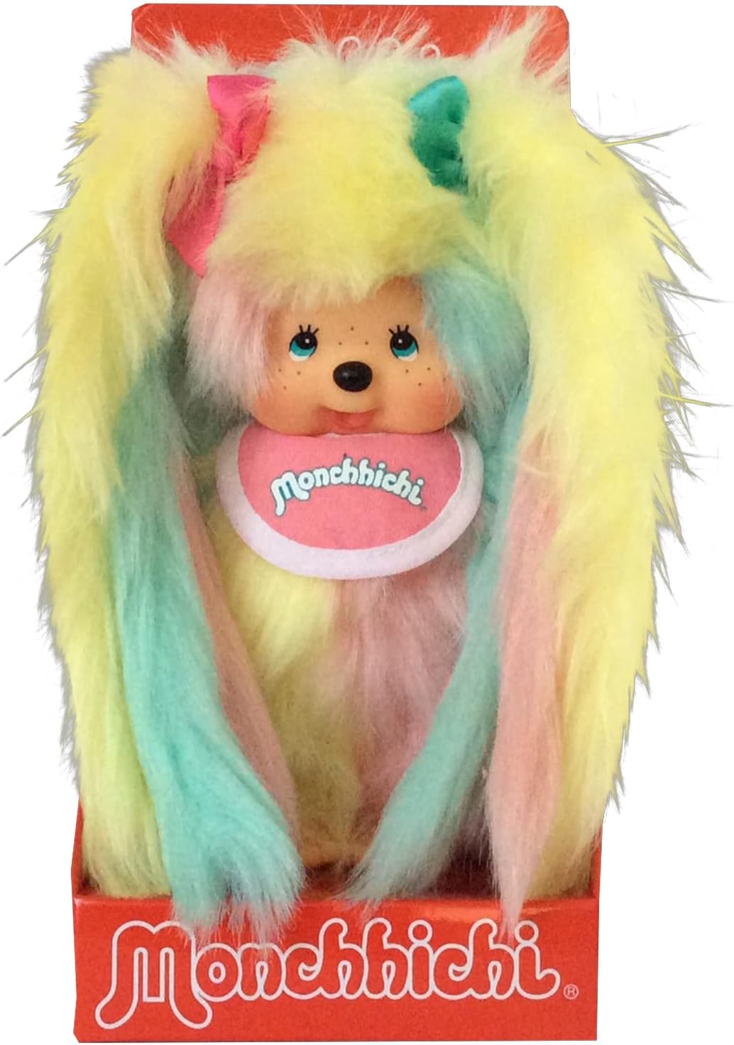 Sekiguchi Monchhichi 234240 - Peluche de niña con Babero, Peluche con 6 Trenzas en Colores y Lazos en el Pelo, Aprox. 20 cm