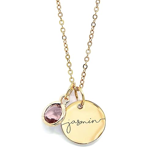 MignonandMignon Birthstone Name Necklace Personalized Gifts for Women Jewelry for Mom Gold Plated Pendant Charm, Custom Grandma Birthday Holiday Gifts -CN-BS-SH