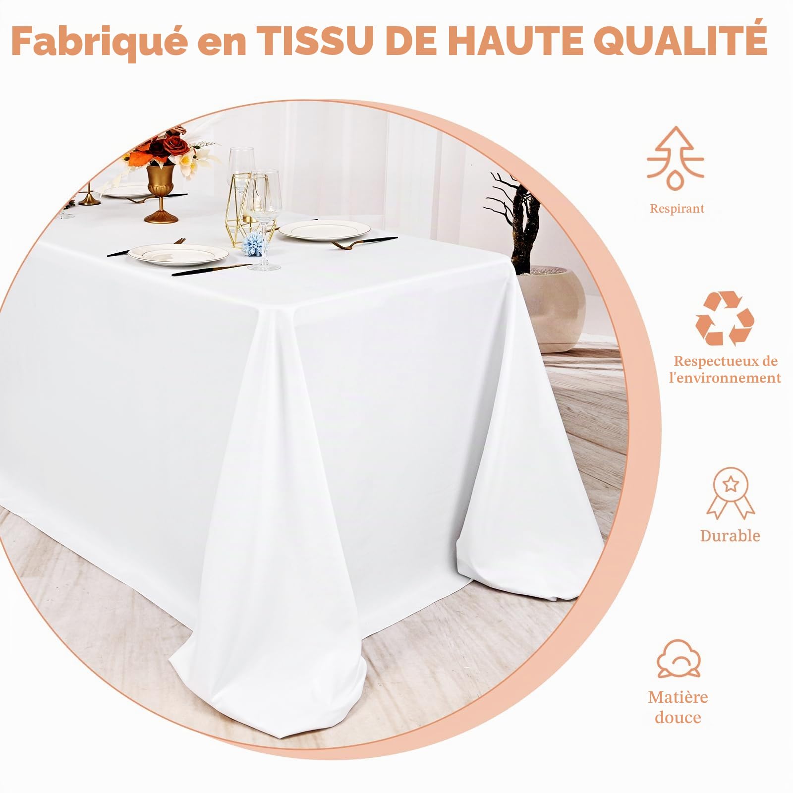 Pesonlook Lot de 4 nappes rectangulaires blanches, 228,6 x 396,2 cm en polyester lavable en masse, nappes en tissu polyester pour mariage, fête, banquet, buffet, table de fête, dîner de vacances