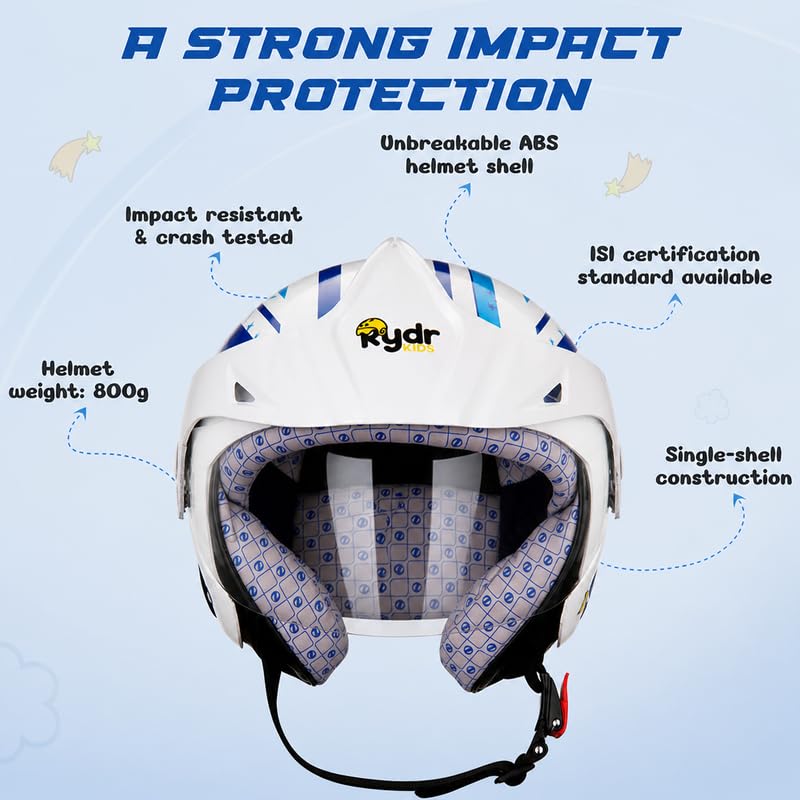 Image of Rydrkids Star S Peak - Leo Blue Kids Motorcycle Helmet with Visor & Peak - Size S 3 to 7 Years, Lightweight & Adjustable Safety Helmet for Boys
