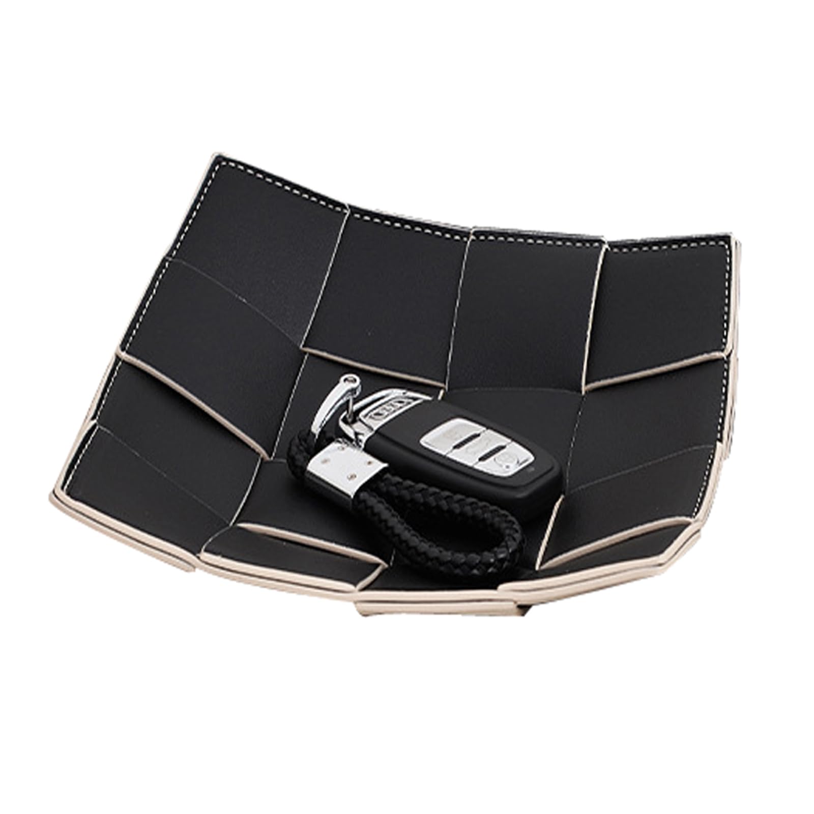 Bandeja de cuero tejido negro – Bandeja para llaves Detive, organizador de joyas, cuenco de exhibición de tocador, soporte de cuero para llaves y accesorios
