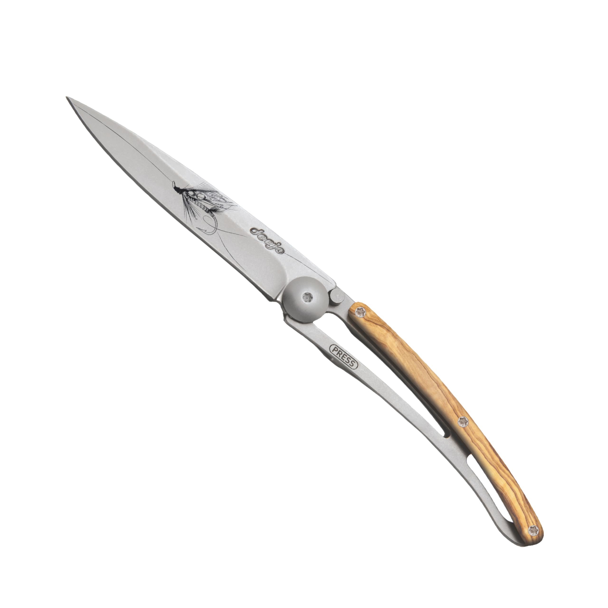 Deejo - Couteau de Poche Pliant 27g - Manche en Bois d’Olivier, Lame en Acier Inoxydable Z40C13 - Motif Silver Wilkinson - Couteau de Table, Randonnée, Camping, Bivouac